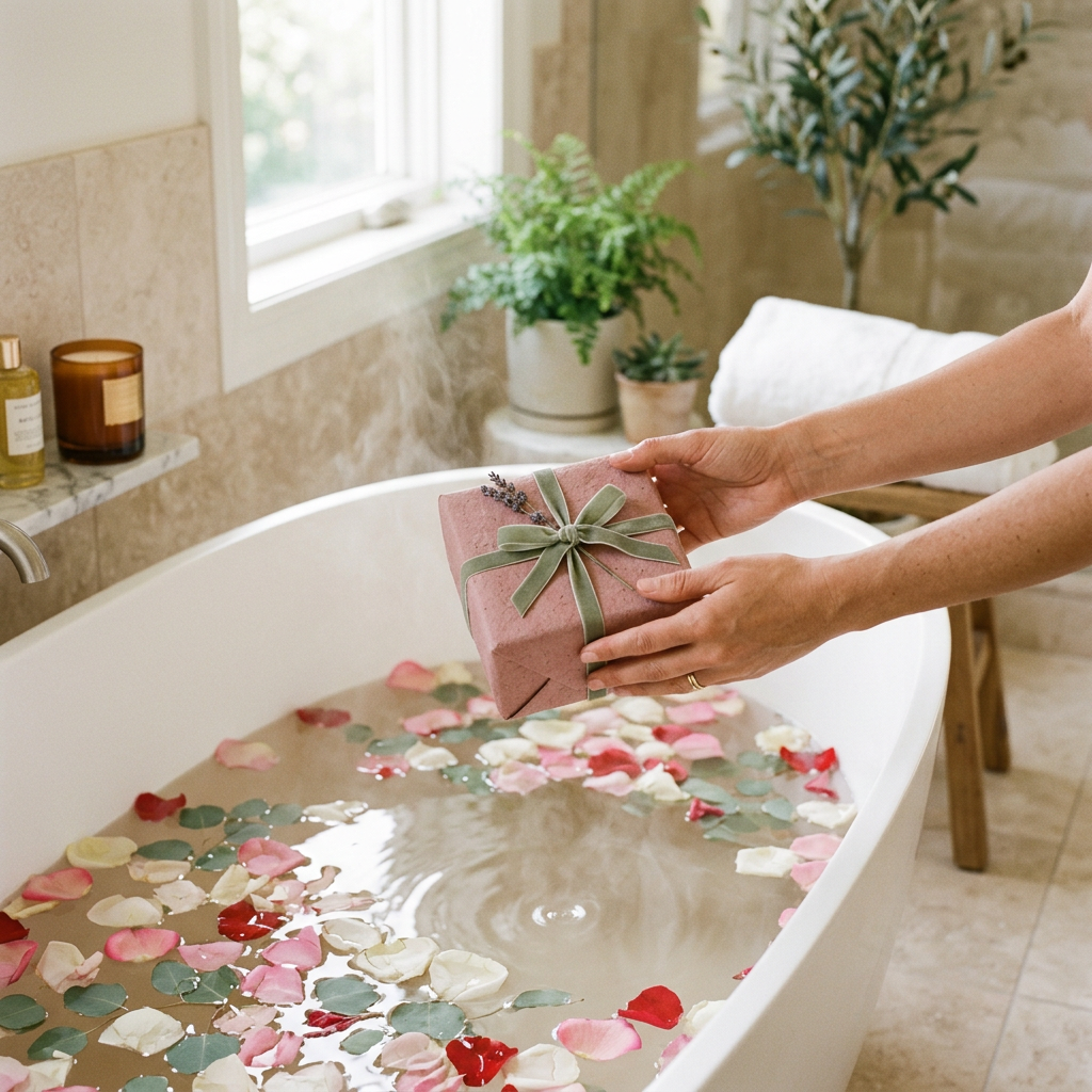 Giving a luxury spa gift set in a beautiful bathroom setting