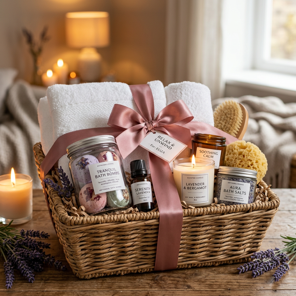 A beautifully wrapped luxury spa gift set with bath products