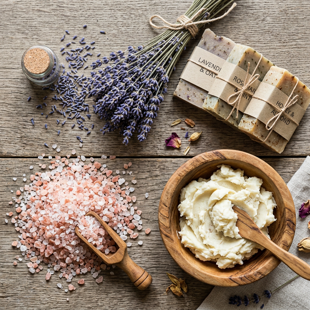 Flat lay of natural ingredients like lavender, shea butter, and bath salts